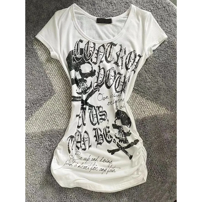 Y2K Gothic Punk T-Shirt – Skeleton Print Slim Fit Tee