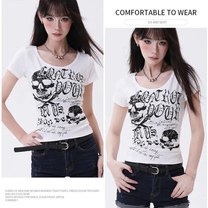 Y2K Gothic Punk T-Shirt – Skeleton Print Slim Fit Tee