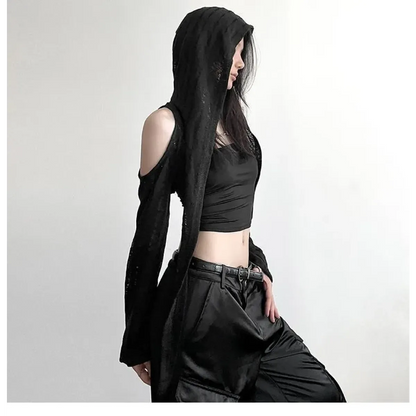 Y2K Grunge Black Hollow Out Hoodie – Slim Fit Long Sleeve Tee