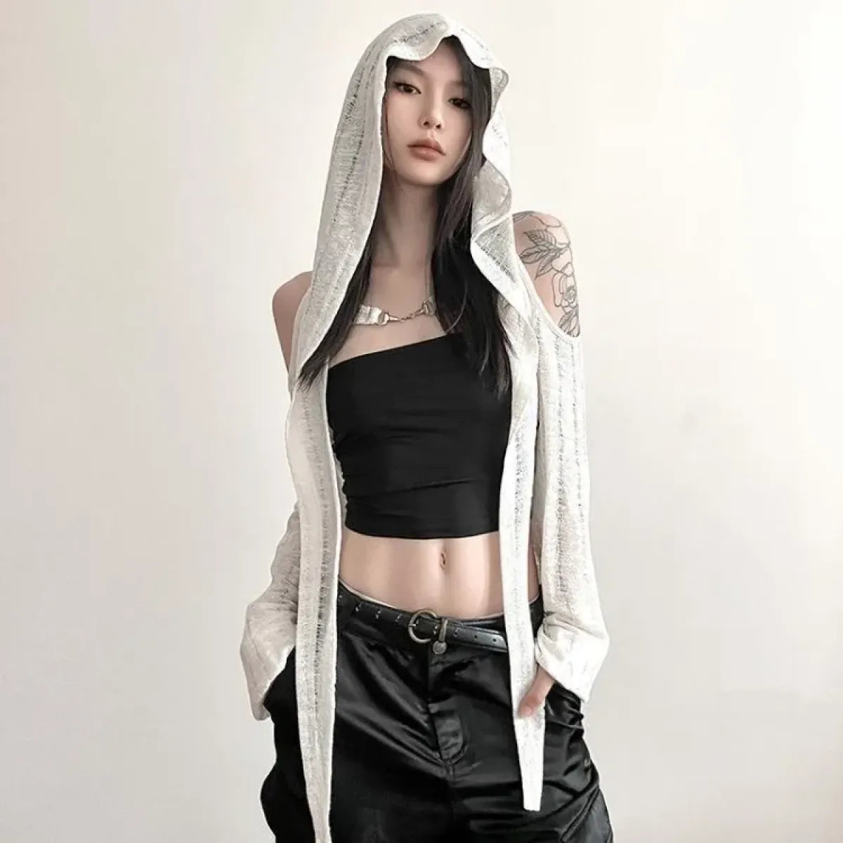 Y2K Grunge Black Hollow Out Hoodie – Slim Fit Long Sleeve Tee