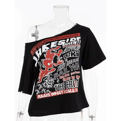 Black Off-Shoulder Graphic Tee – Y2K Grunge Punk Harajuku Crop Top