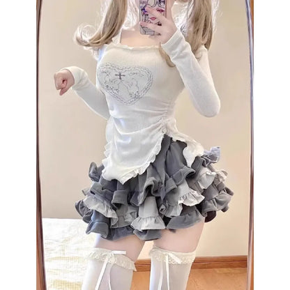 Y2K Kawaii Harajuku Two-Piece Set – Ruffle Skirt & Long Sleeve Top