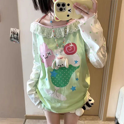 Y2K Kawaii Harajuku Top – Lace Trim Long Sleeve Tee