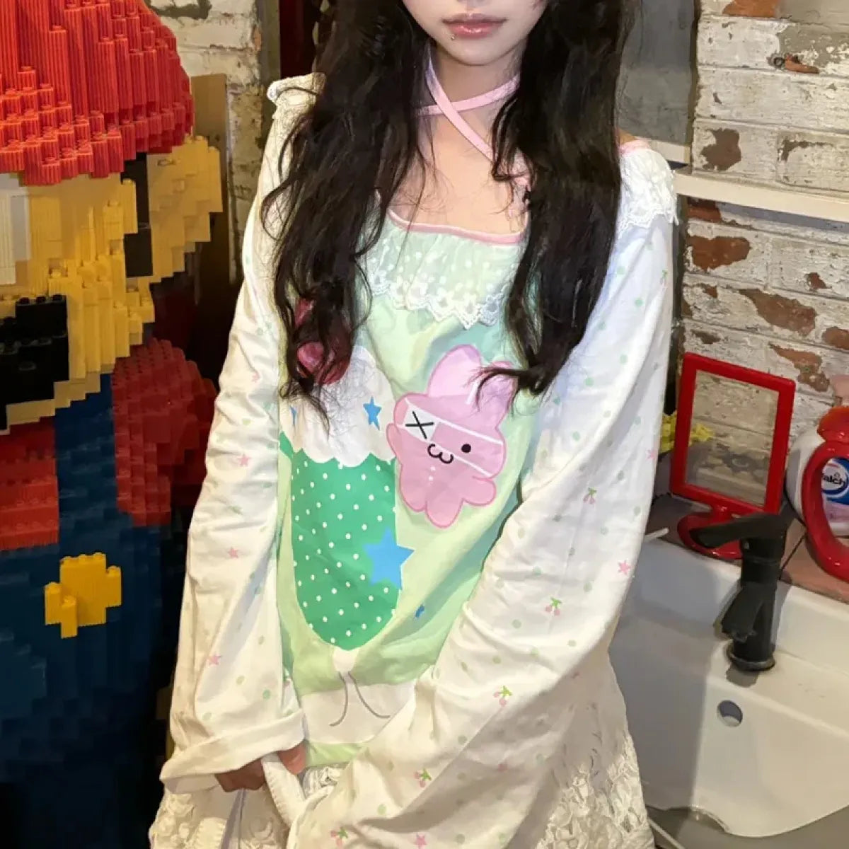 Y2K Kawaii Harajuku Top – Lace Trim Long Sleeve Tee