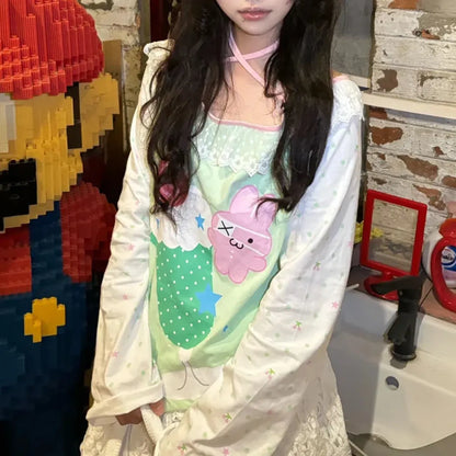 Y2K Kawaii Harajuku Top – Lace Trim Long Sleeve Tee