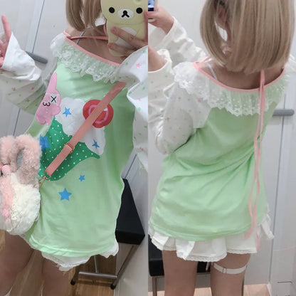 Y2K Kawaii Harajuku Top – Lace Trim Long Sleeve Tee