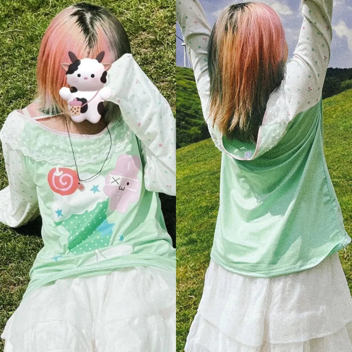 Y2K Kawaii Harajuku Top – Lace Trim Long Sleeve Tee