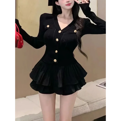 Y2K Kawaii Knitted Two-Piece Set – Elegant Mini Skirt Suit