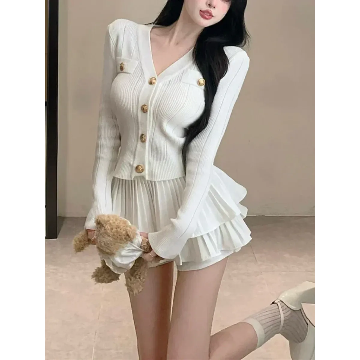 Y2K Kawaii Knitted Two-Piece Set – Elegant Mini Skirt Suit