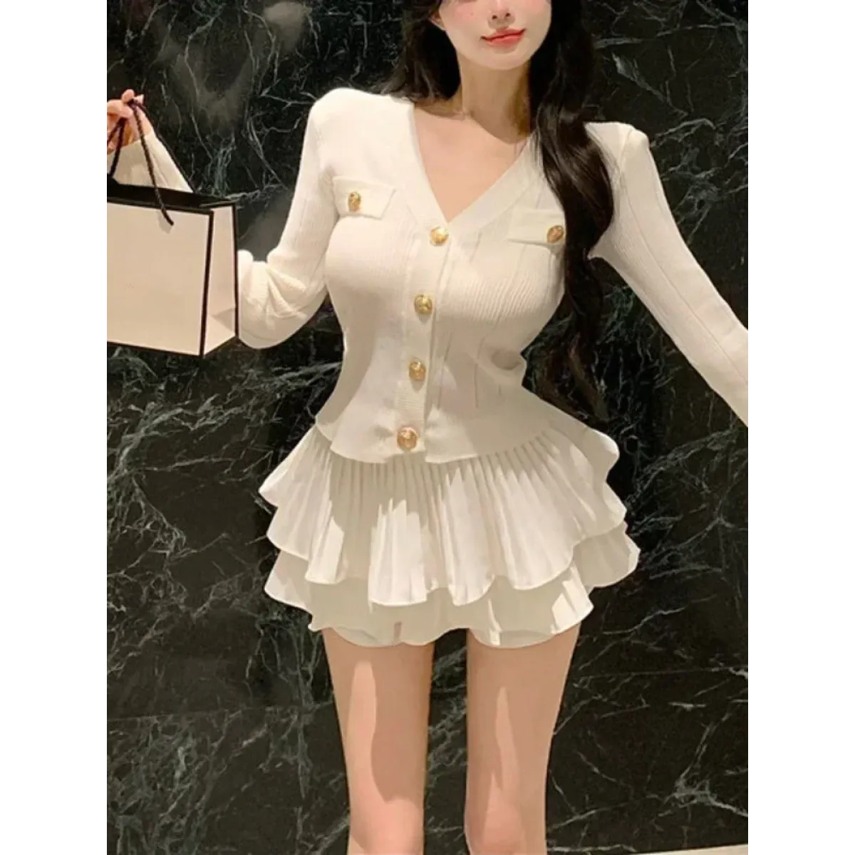 Y2K Kawaii Knitted Two-Piece Set – Elegant Mini Skirt Suit