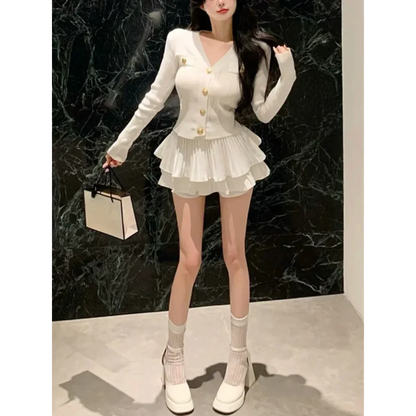 Y2K Kawaii Knitted Two-Piece Set – Elegant Mini Skirt Suit