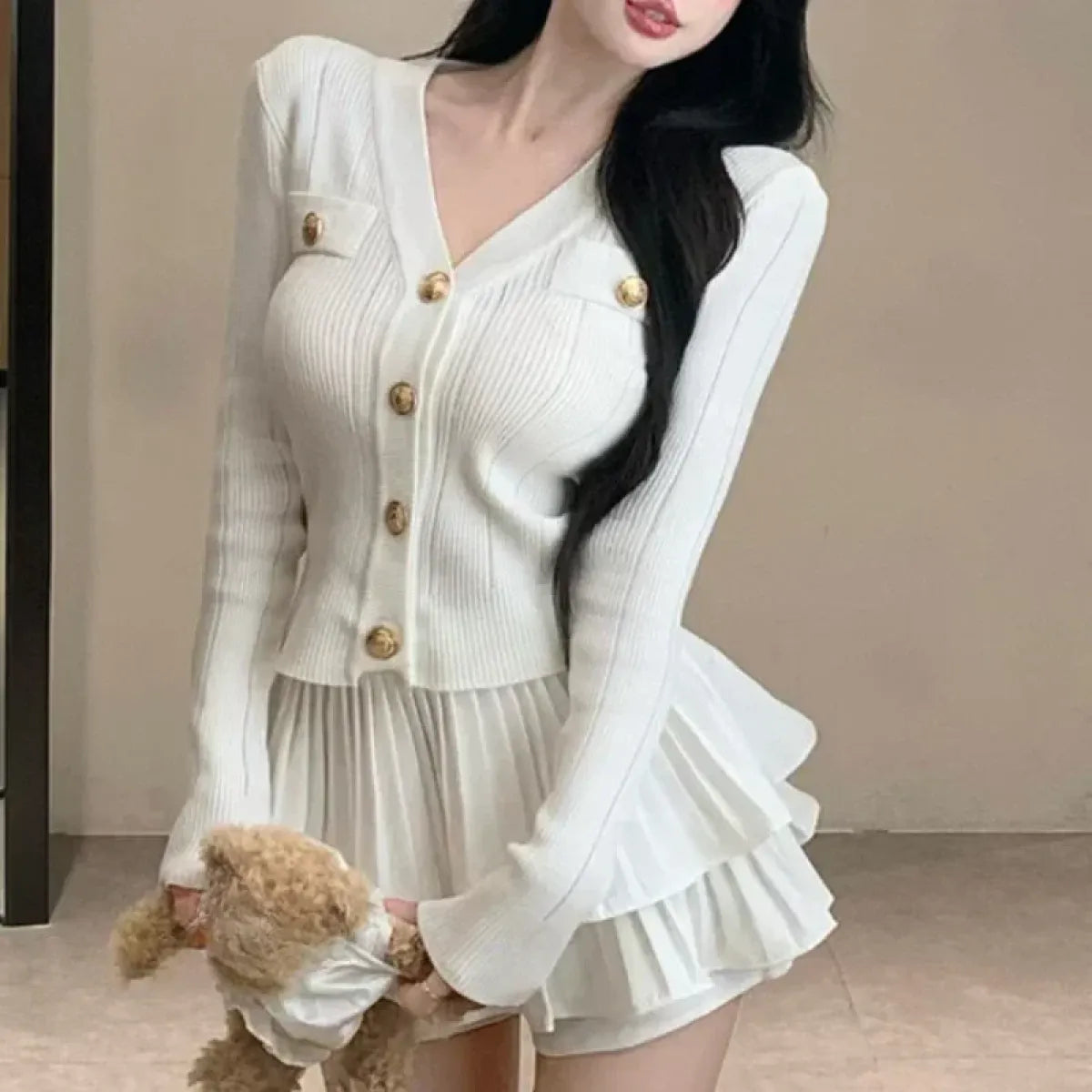 Y2K Kawaii Knitted Two-Piece Set – Elegant Mini Skirt Suit