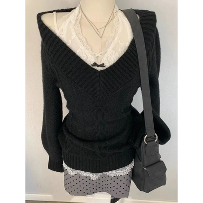 V-Neck Slim Fit Sweater – Y2K Lace Trim Knit Pullover Top