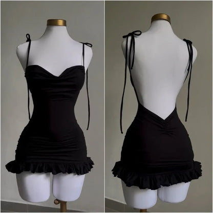 Y2K Lace-Up Open Back Mini Dress - Sexy Slim Fit Skirt