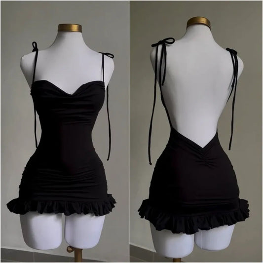 Y2K Lace-Up Open Back Mini Dress - Sexy Slim Fit Skirt