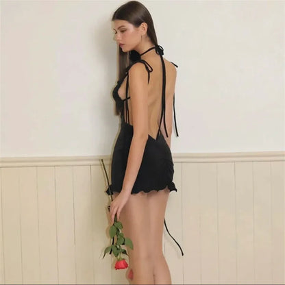 Y2K Lace-Up Open Back Mini Dress - Sexy Slim Fit Skirt
