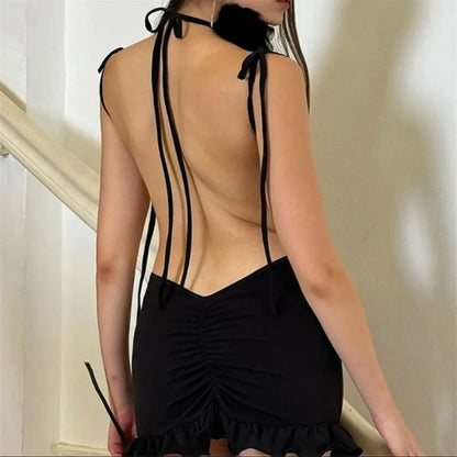 Y2K Lace-Up Open Back Mini Dress - Sexy Slim Fit Skirt