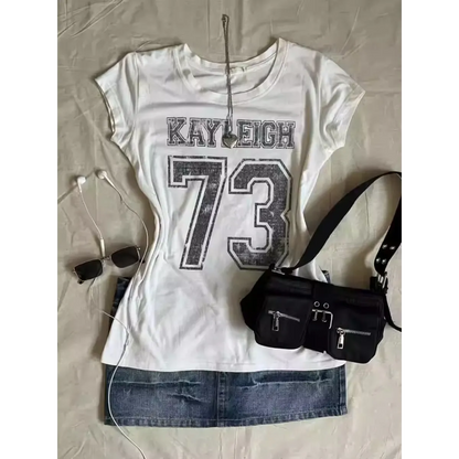 Y2K Punk Vintage T-Shirt – Number Print Slim Fit Tee