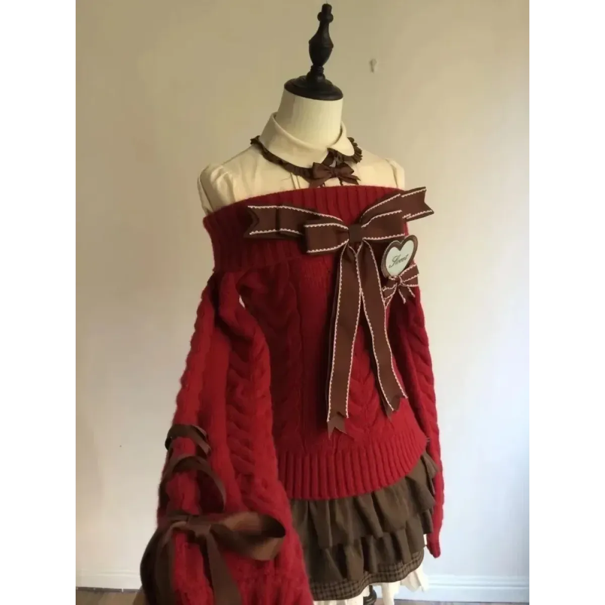 Y2K Off Shoulder Bow Sweater & Ruched Skirt Set – Autumn Knit