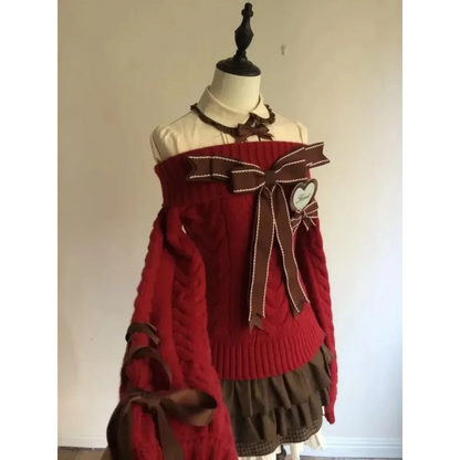 Y2K Off Shoulder Bow Sweater & Ruched Skirt Set – Autumn Knit