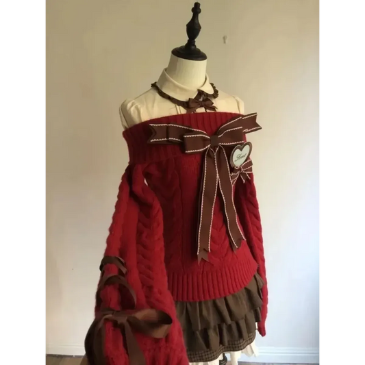 Y2K Off Shoulder Bow Sweater & Ruched Skirt Set – Autumn Knit