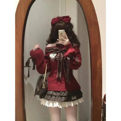 Y2K Off Shoulder Bow Sweater & Ruched Skirt Set – Autumn Knit