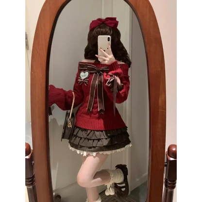 Y2K Off Shoulder Bow Sweater & Ruched Skirt Set – Autumn Knit