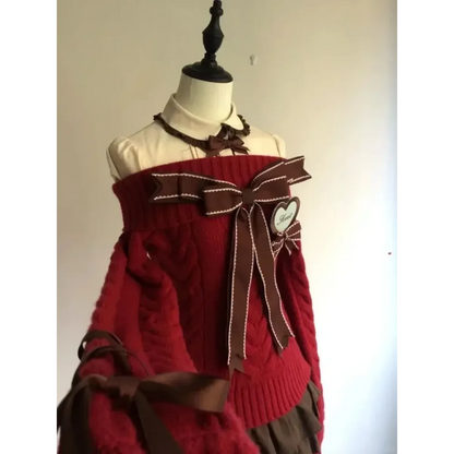 Y2K Off Shoulder Bow Sweater & Ruched Skirt Set – Autumn Knit