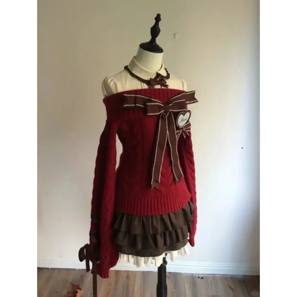 Y2K Off Shoulder Bow Sweater & Ruched Skirt Set – Autumn Knit