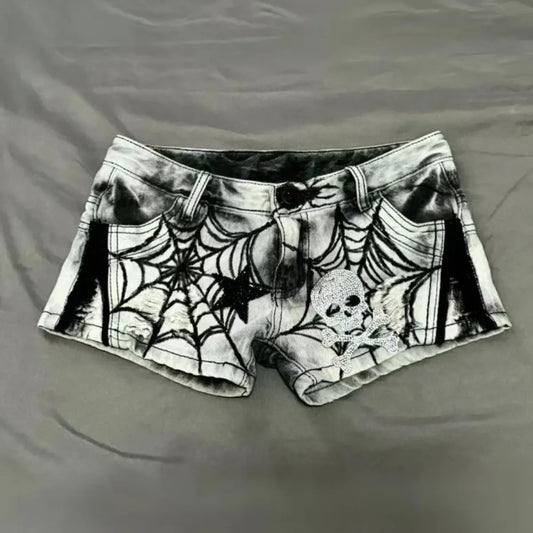 Y2K Punk Spider Web Denim Shorts – Low Waist Skull Star Print