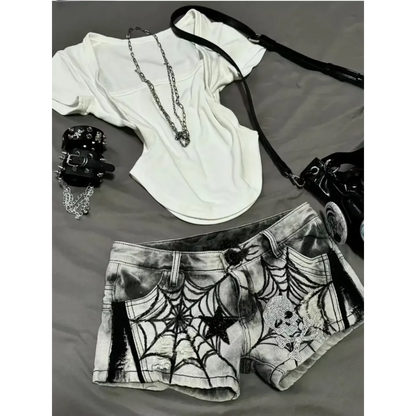 Y2K Punk Spider Web Denim Shorts – Low Waist Skull Star Print