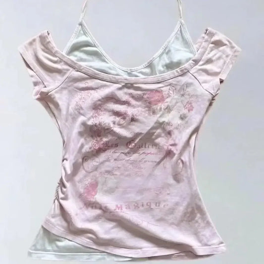 Y2K Vintage Fairycore Top – Off-Shoulder Layered Tee