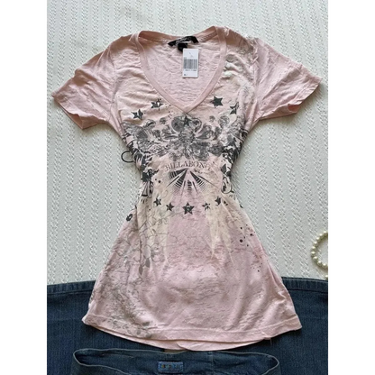 V-Neck Graphic Tee – Y2K Vintage Retro Streetwear